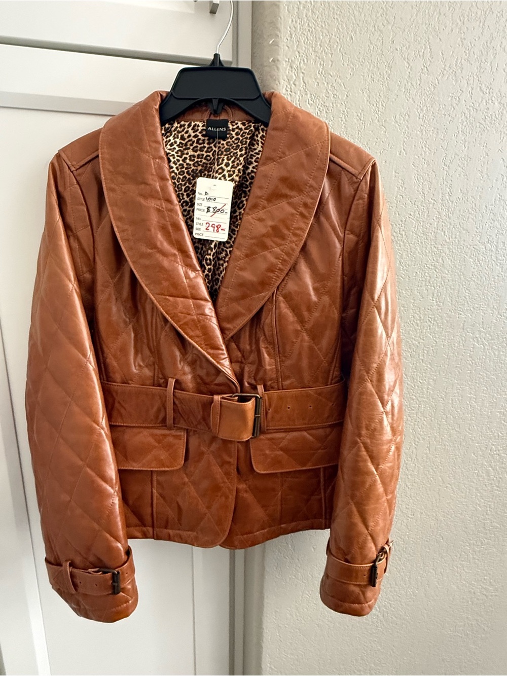 Vintage Allen’s Caramel Quilted Leather Belted Jacket Size Small